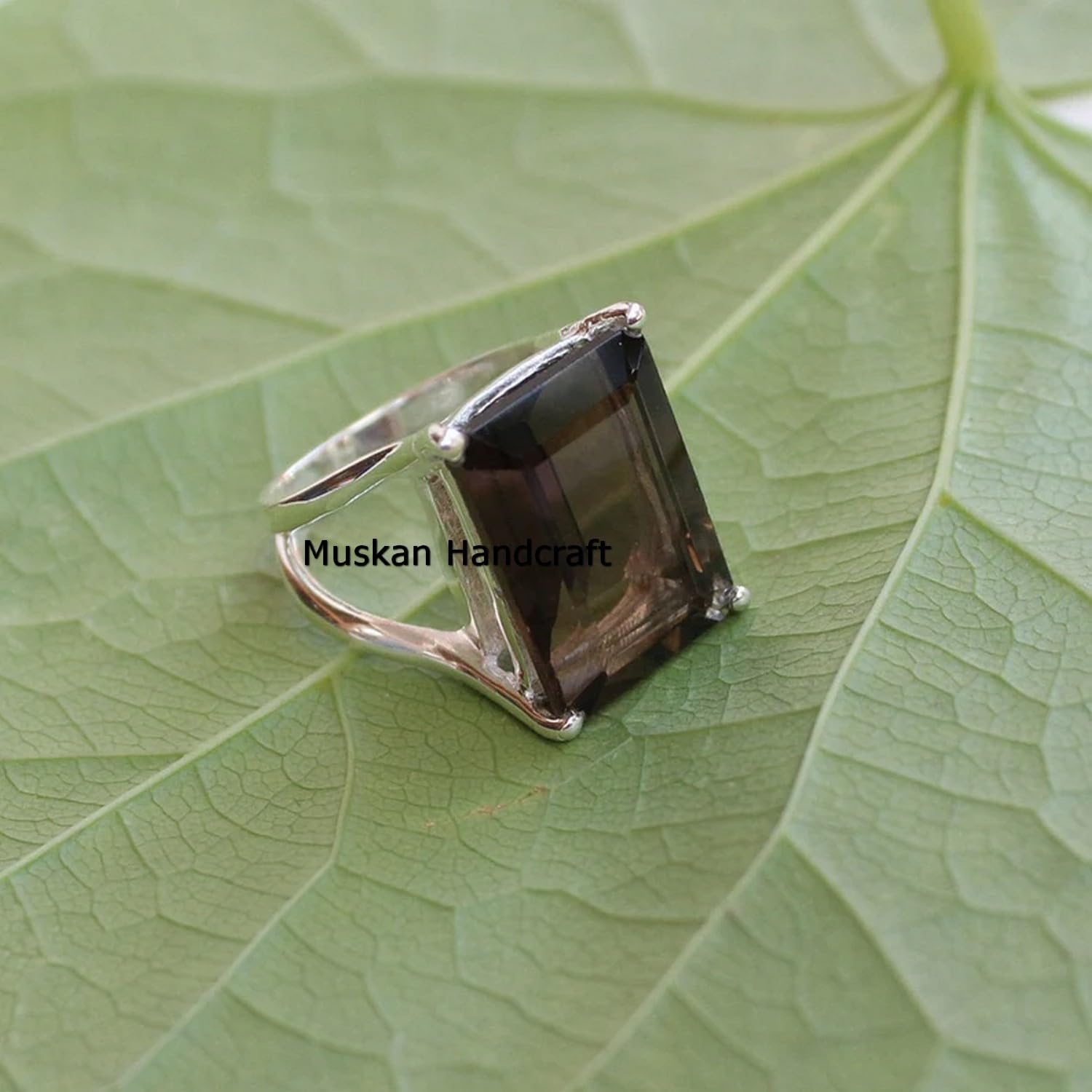 Natural Smoky Quartz Gemstone Ring/Rectangle 925 Sterling Silver Boho Statement Ring/Bohemian Dainty Ring/Unique Handmade Wedding Gifts Jewelry
