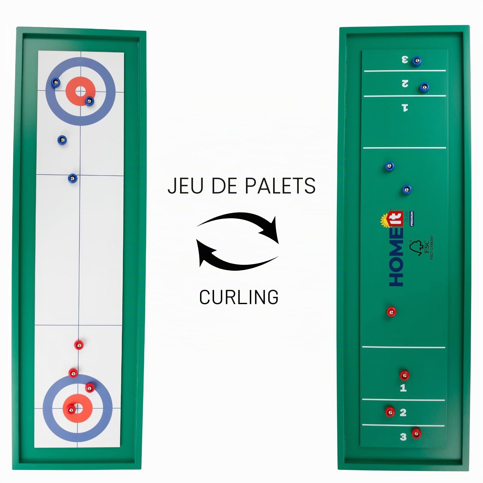 HOME It® Shuffleboard en Bois FSC – Jeu de palets Recto Verso intérieur/extérieur – Plateau 115x34 cm avec 8 Pucks colorés – Jeu d’adresse Convivial pour Famille et Amis