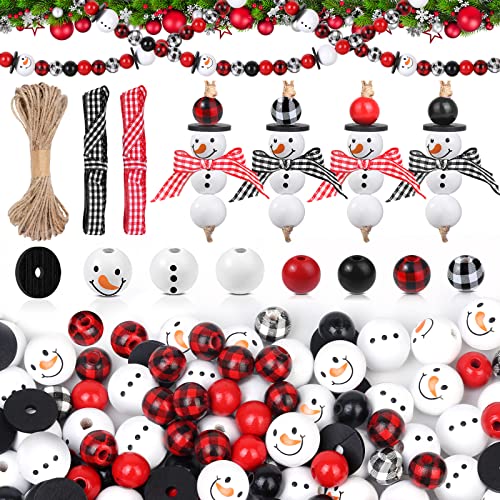 200 Pieces Christmas Wooden Beads for Craft Christmas Buffalo Plaid Round Craft Beads Farmhouse Loose Polished Spacer Bead Winter Snowman Bead with Twine Scarf Wood Beadwork for DIY Jewelry Dcor
