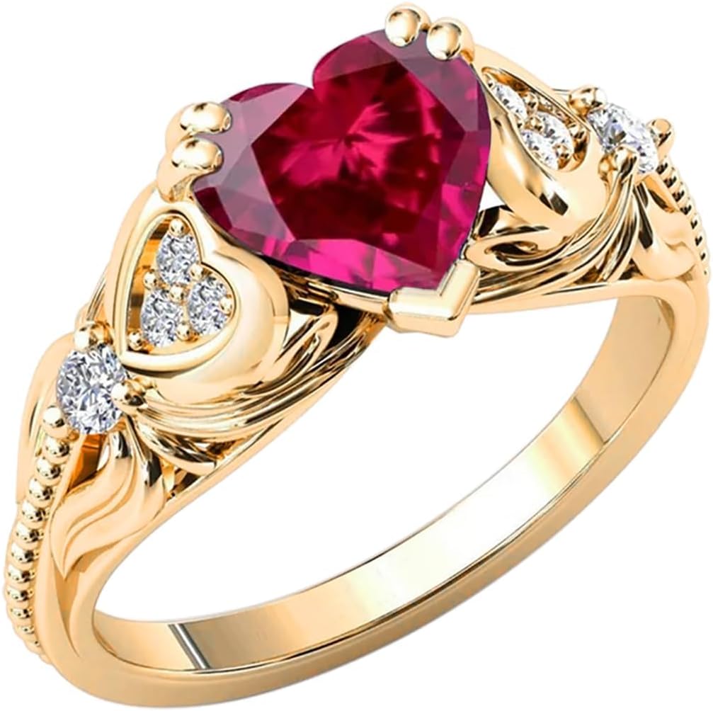10K 14K 18K Gold 0.08cttw Diamond and Gemstone Heart Ring for Women Heart Shaped Gemstone Promise Anniversary Rings Jewelry Gifts Size 4-16