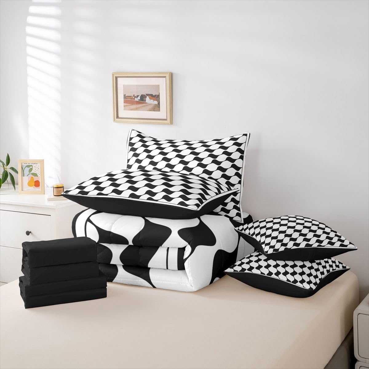 Erosebridal Black White Plaid Bedding Set 7 Piece Queen Size Geometric Checkered Kids Bed in A Bag Modern Triangle Buffalo Comforter Set for Boys Teens Women Adult Farmhouse Grid Aesthetic Sheet Sets
