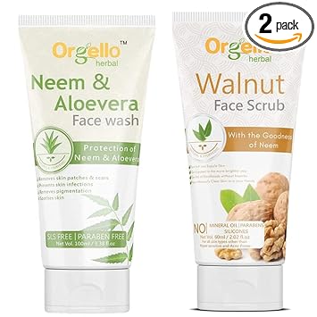 Orgello herbal Neem aloe vera face wash | For acne, pimples,dry skin 100 gm + Walnut Scrub 60gm for men women girls boys normal oily dry skin sls paraben mineral oil free | Pack of 2