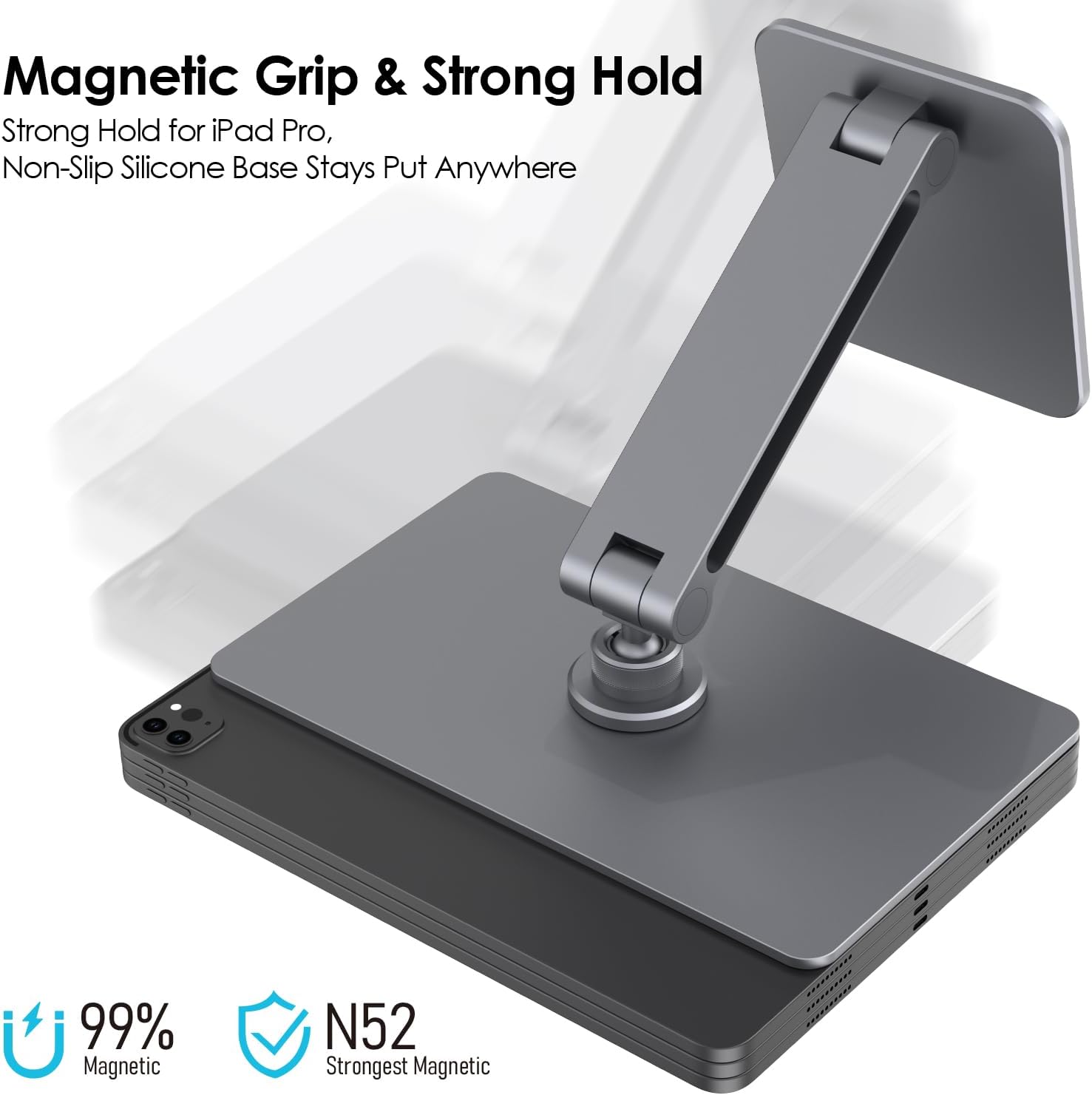 Magnetic iPad Stand for Desk, 360° Adjustable Aluminum Holder, Portable Folding for Office, Kitchen, Drawing, Gaming, Compatible with iPad Pro 11" 4th/3rd/2nd Gen, Air 11/10.9" M3/M2/M1 - Gray