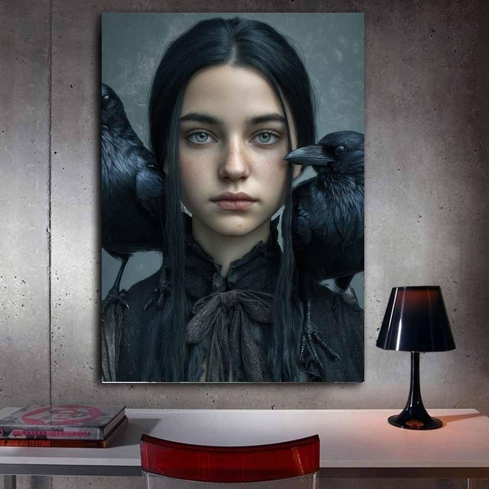CUDAOO Dekoracje na przyjęcie halloweenowe druk na płótnie straszny towarzysz dziewczyny kruk obraz dekoracja ścienna salon sypialnia łazienka (czarny 214)-70 x 100 cm oprawione
