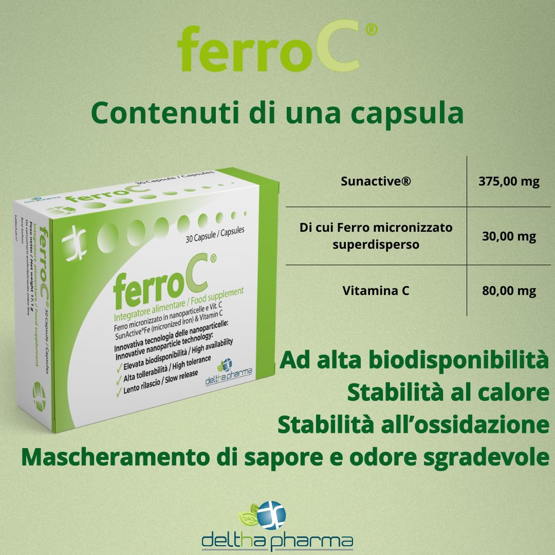 Ferro 30mg e VitaminaC 30 Caps vegetali Ferro Forte lento rilascio, Pirofosfato Micronizzato Superdisperso, Alta Biodisponibilità e Tollerabilità, Buon Sapore - per Glubuli Rossi e Emoglobina