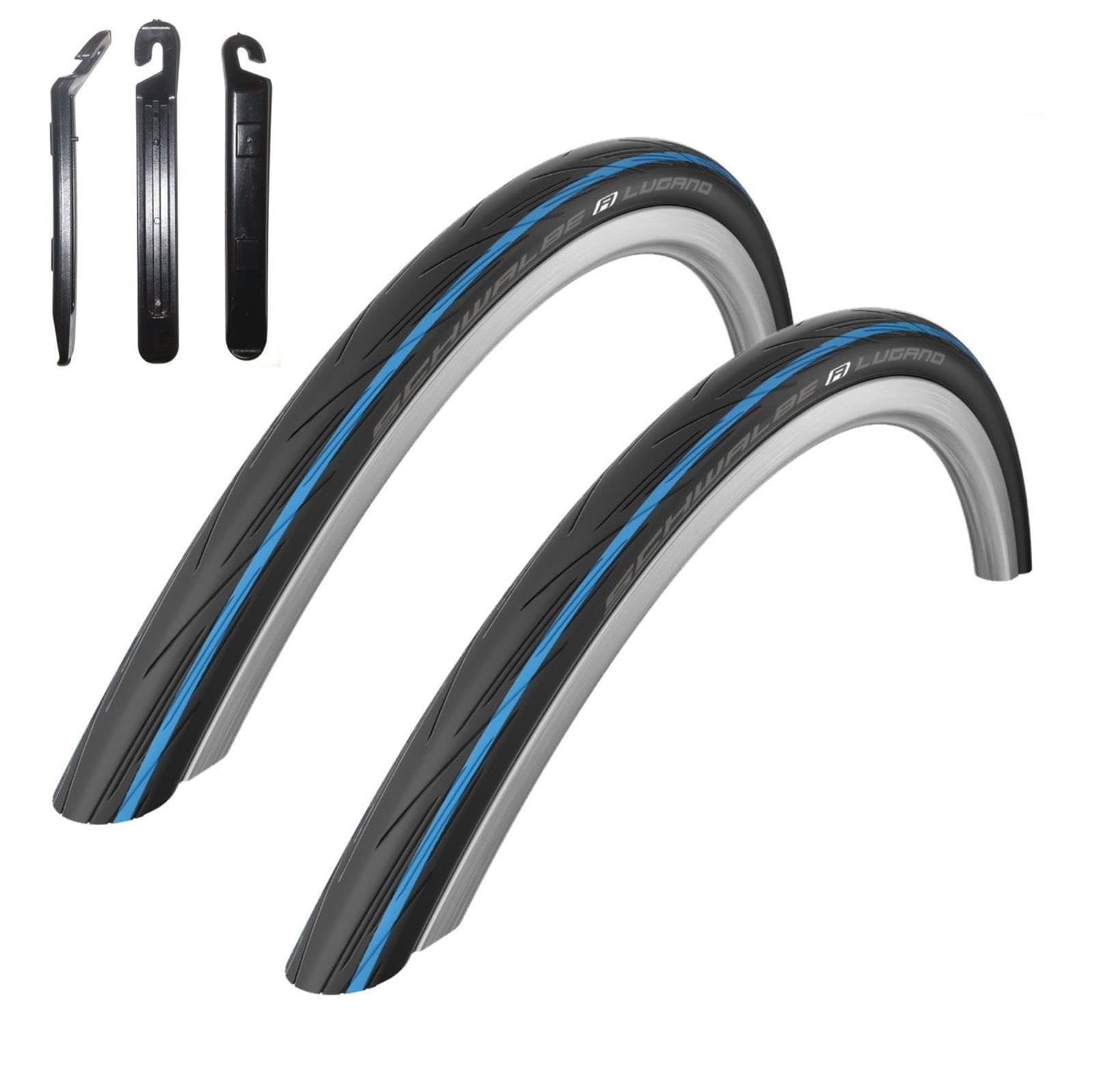 2 x Schwalbe Lugano 28" Rennradreifen Reifen Schwarz - Blauer Streifen 700 x 25C (25-622) inkl. 3 Reifenheber