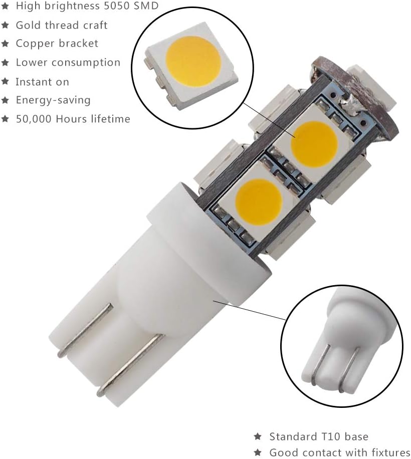 GRV T10 921 194 9-5050 SMD Wedge LED Bulb Super Bright RV Camper Cabinet Dome Light DC12V Warm White Pack of 20