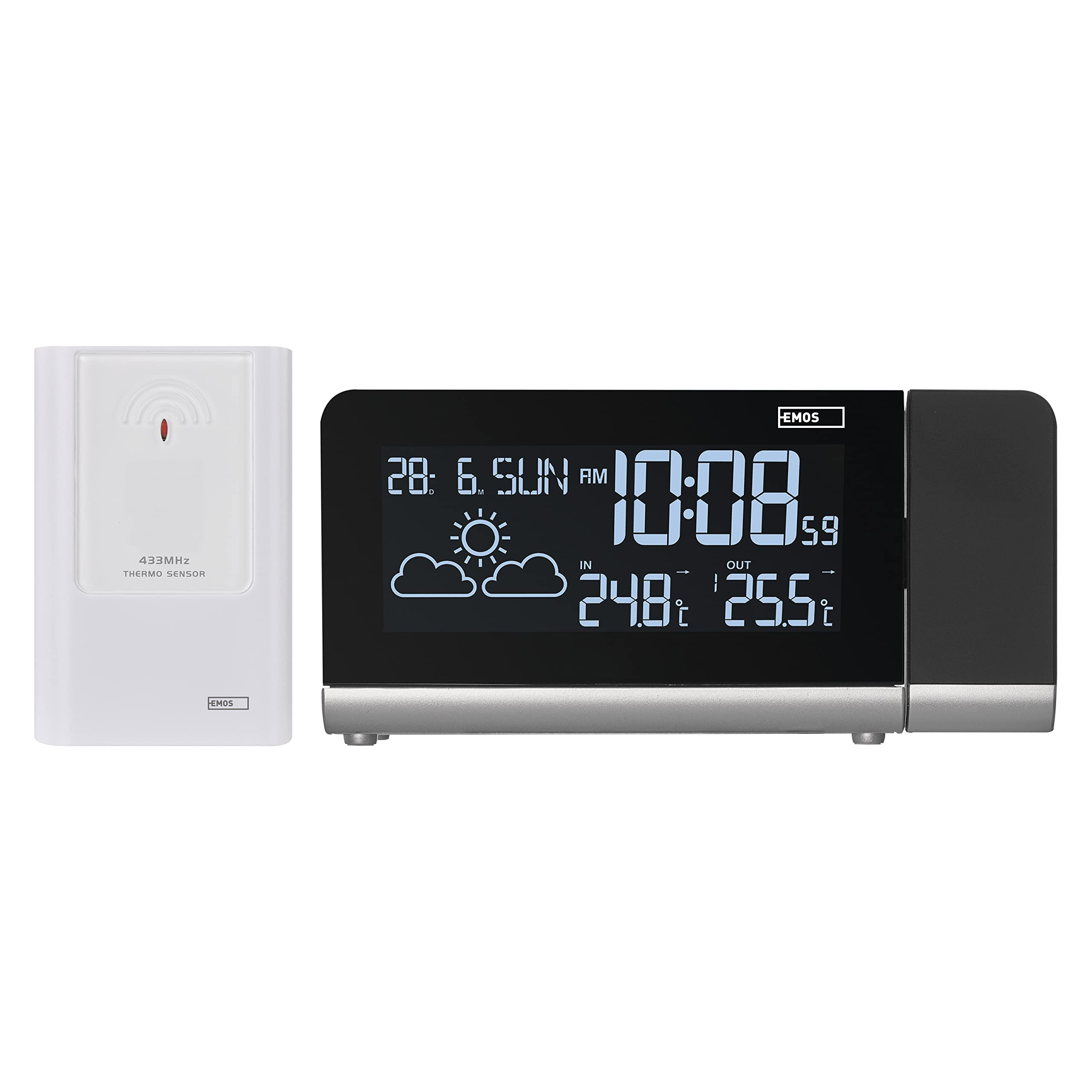 EMOS Funk-Wetterstation mit Projektion, Außensensor, VA-Display Anzeige und Projektor, Uhr, Temperatur, Thermometer, 2x Wecker, Kalender, Memory mit Min/Max-Temperatur