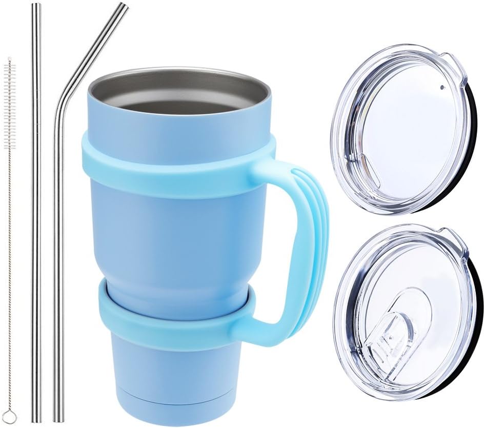 Comfy Mee Double wall Vacuum Insulated Stainless Steel Sky Blue Tumbler with Sky Blue Handle 30oz Combo: 1 Mug - 1 Regular Lid - 1 Spill & Splash Resistant Lid - 1 Handle-2 Straws - 1 Cleaner brush