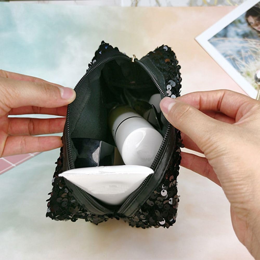 HomeSoGood Sequin Cosmetic Bag Large Glitter Makeup Zipper Bag Toiletry Bag Capacity Travel Cosmetic Handbag for Women Girls Travel Daily Use(Black) - Image 7