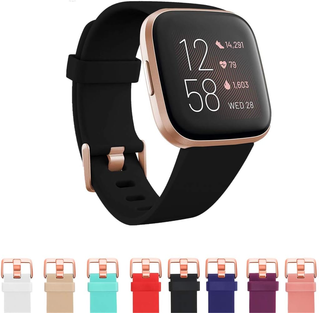 TECKMICO 8PCS bands Compatible with Versa 2 Bands,Classic Soft Sport Replacement Wristband Compatible with Versa/Versa 2/Versa Lite for Women men,Rose Gold Watch Buckle (8-PACK, Small)