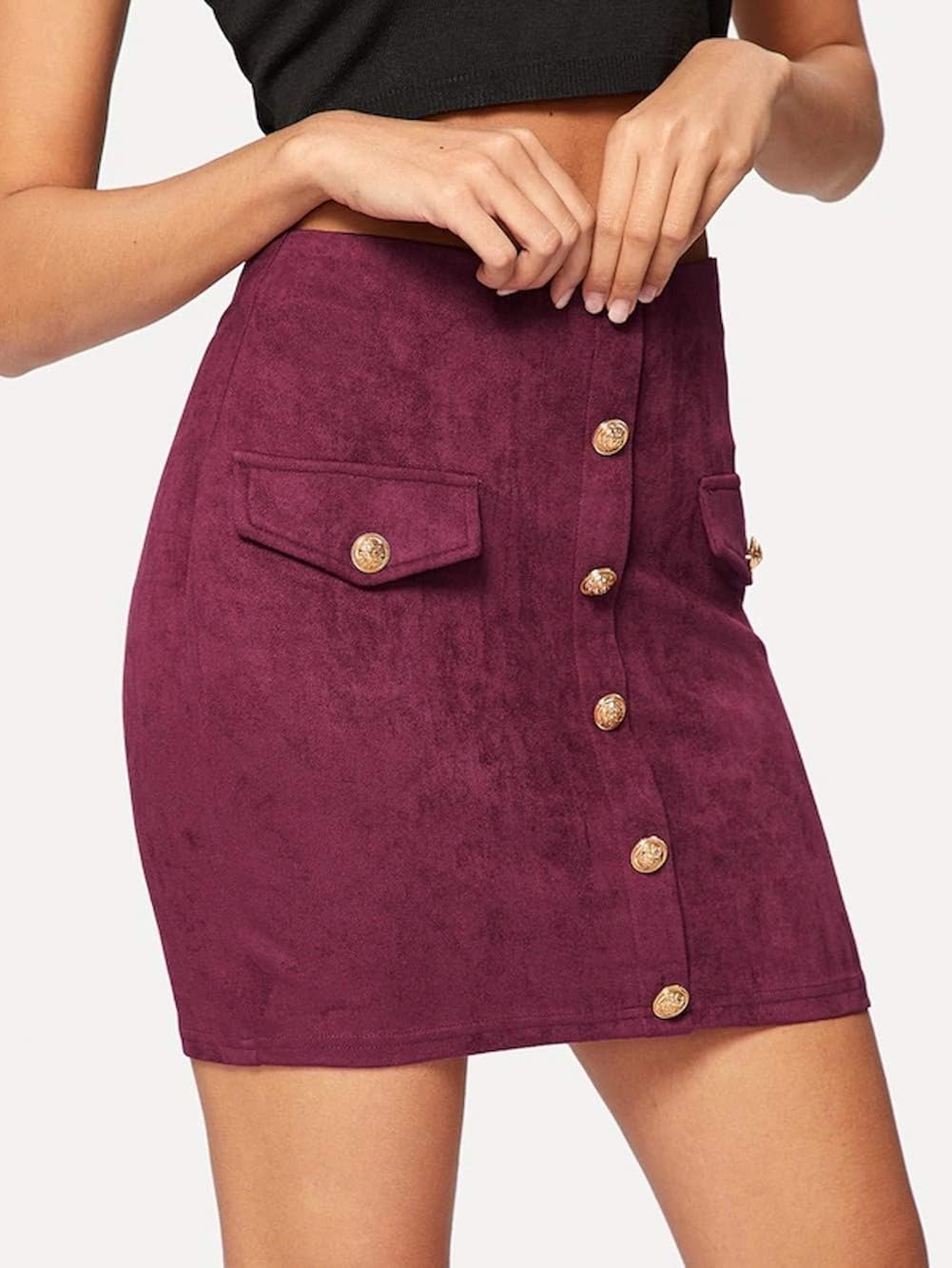 katiewens Women's Classic High Waist Button Front Pocket A Line Faux Suede Casual Bodycon Mini Skirt
