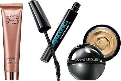 Absolute Skin Natural Mousse, Ivory Fair 01, SPF 8, 25g & Lakme Eyeconic Lash Curling Mascara, Black, 9ml & Lakme 9 to 5 Weightless Mousse Foundation, Rose Ivory, 25g