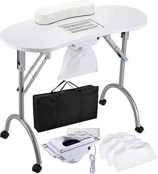 Faquenc Nail Desk with Nail Dust Collector,Portable Nail Table Rolling Manicure Table Nail Tech Travel Nail Station Professional Folding Nail Salon Table with Cacuum,Arm Rest,Lockable Wheels,Bag,White