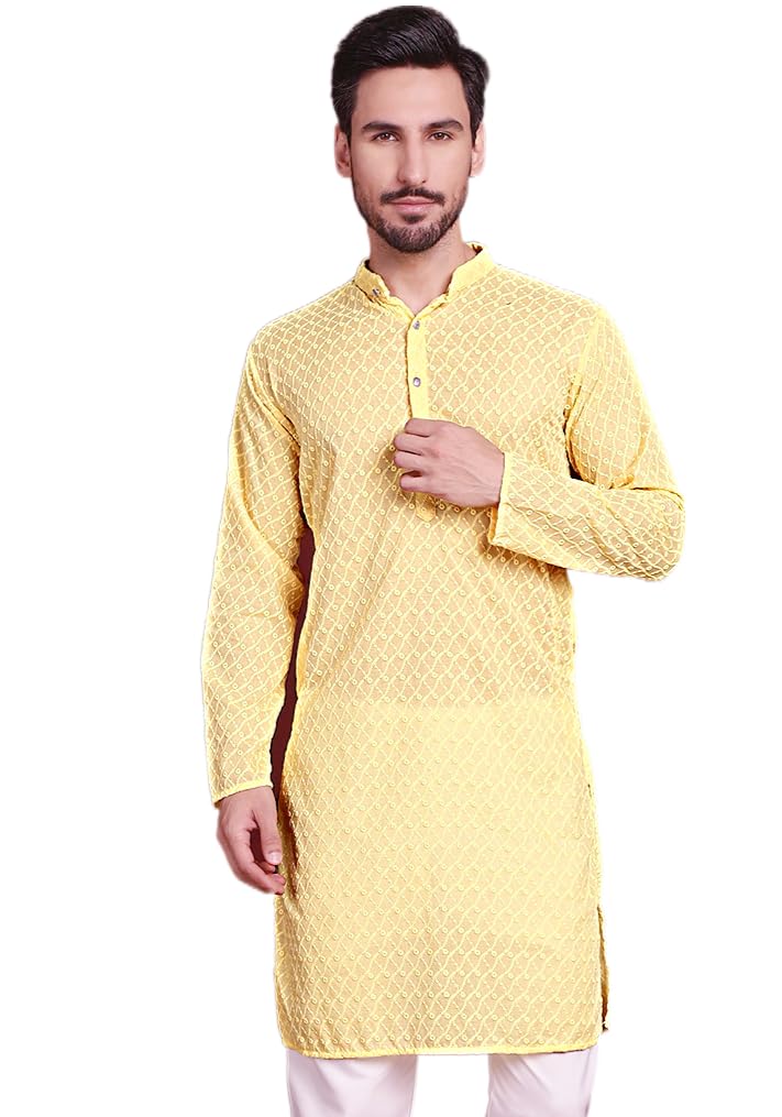Jompers Chikankari Pure Cotton Kurtas For Men (Yellow, Xxl)