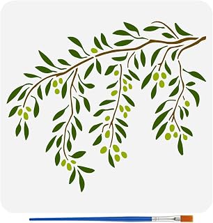 FINGERINSPIRE Olive Branch Painting Stencil with 1Pc Plastic Paint Brush 11.8x11.8 inch Reusable Leaves Branch Templates Plant Theme Craft Stencil for Painting on Wood Fabric Walls Furniture