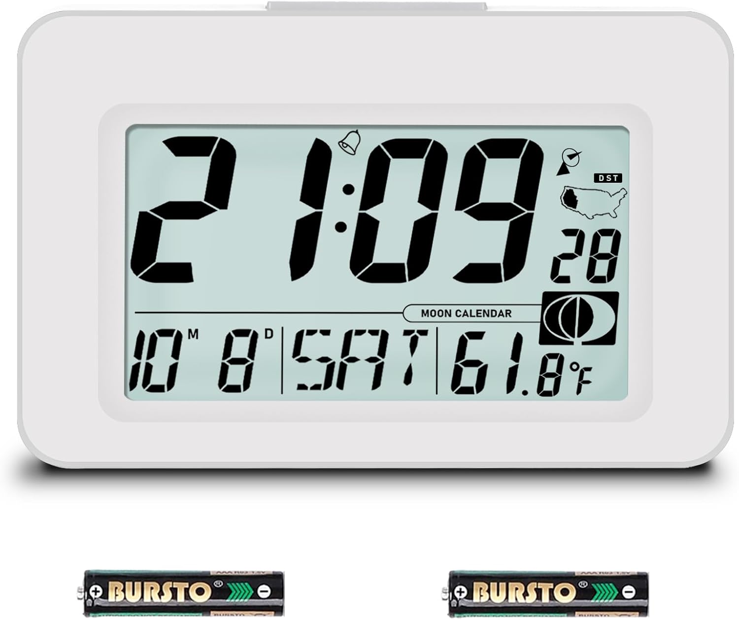 Handy Atomic Alarm Clock - 6'' Battery Operated Digital Clock with Seconds, Self-Setting, Auto Sync, DST, Selectable Time Zones,Portable Travel Desk Clock with 5s Touch Backlight for Bedroom