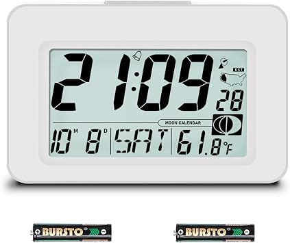 Handy Atomic Alarm Clock - 6 Battery Operated Digital Clock with Seconds, Self-Setting, Auto Sync, DST, Selectable Time Zones,Portable Travel Desk Clock with 5s Touch Backlight for BedroomWhite