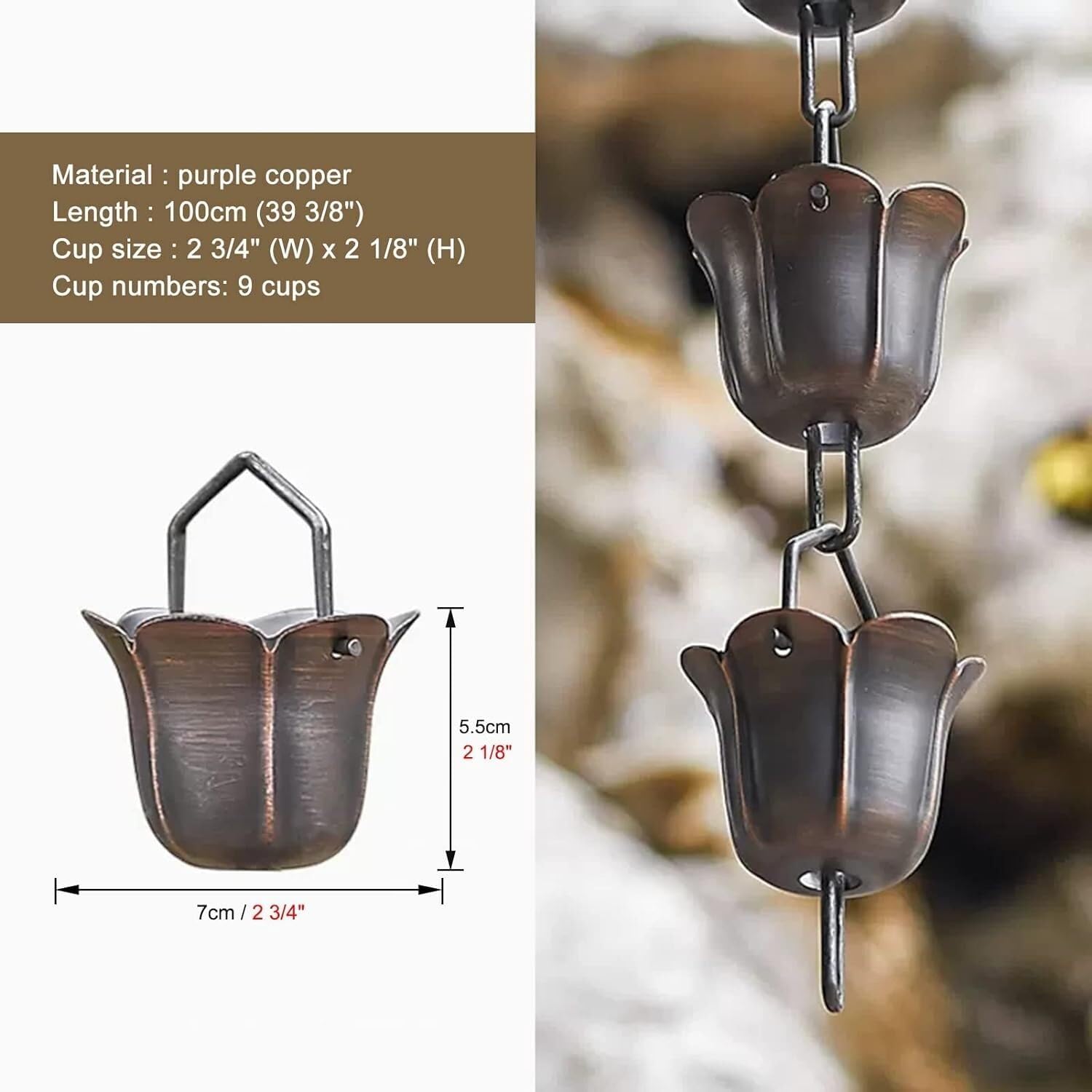 Rain Chain Pewter Rain Gutter Chain Divert Water, Petals Shape Rainwater Collector Cups for Eaves Drainage(Style2,100cm (3ft))