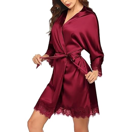 KLOVVY Babydoll Silk Robe Lace Trim Maroon