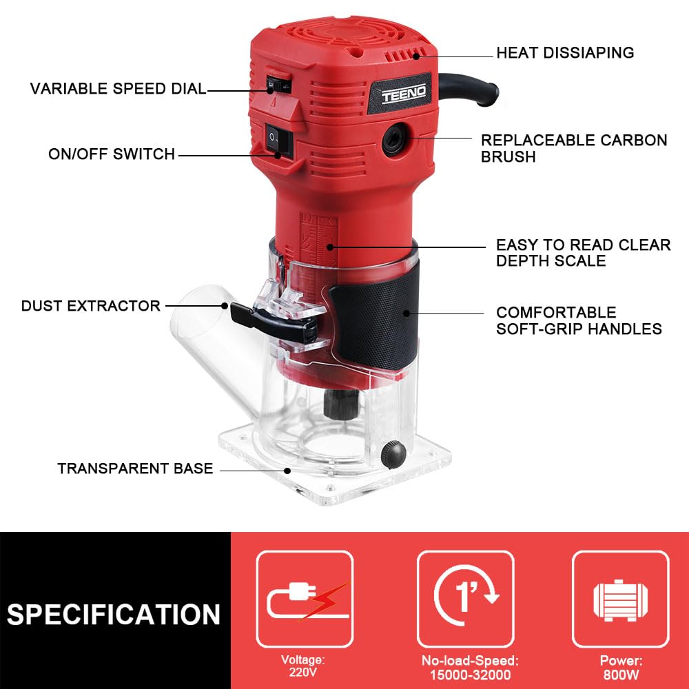 TEENO Rifilatore Fresatrice Verticale per Legno 800W 15000-32000 RPM Con Copertura Antipolvere, Legno Rifilatrice Elettrica Con 5 pezzi 1/4" Fresatura Cuter, 6 Velocità Variabili, Mandrino 6/6.35mm