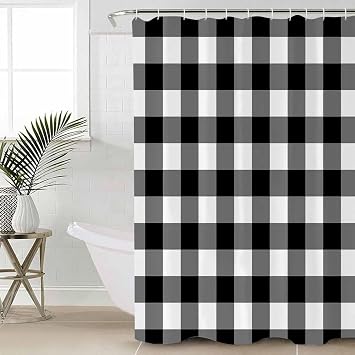 Black White Plaid Shower Curtain, Stall Shower Curtains for Bathroom/Bathtub, Gradient Geometric Buffalo Checkered Waterproof Fabric Bathroom Curtain Set with 12 Hooks, Small 36" x 72"