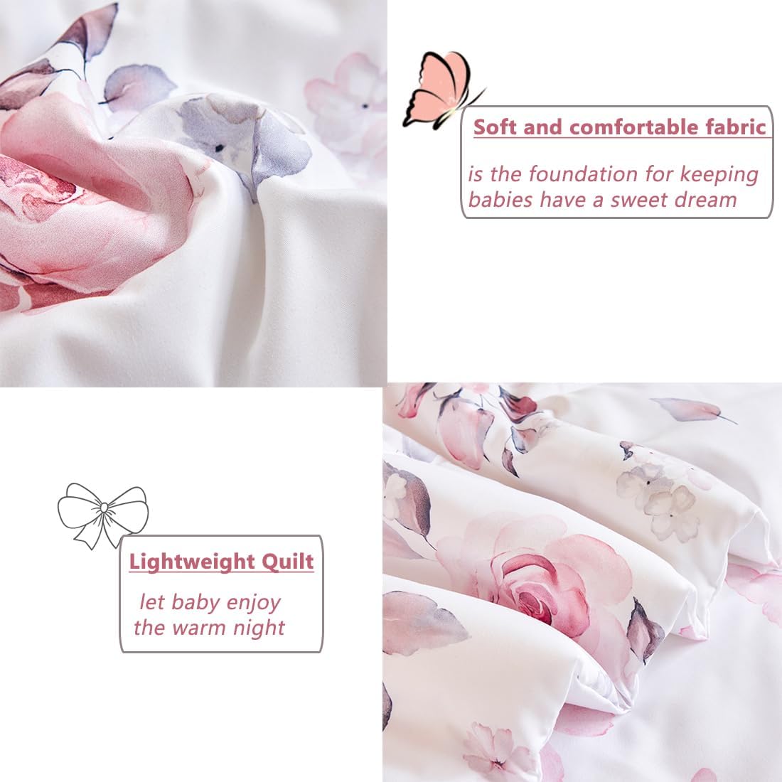 PERFEMET Floral Toddler Bedding 4-Piece Pink Flower Toddler Girls Comforter with Sheet Set Reversible Butterfly Kid Bed Sets-Comforter, Fitted Sheet,Flat Sheet,Pillowcase - Image 6