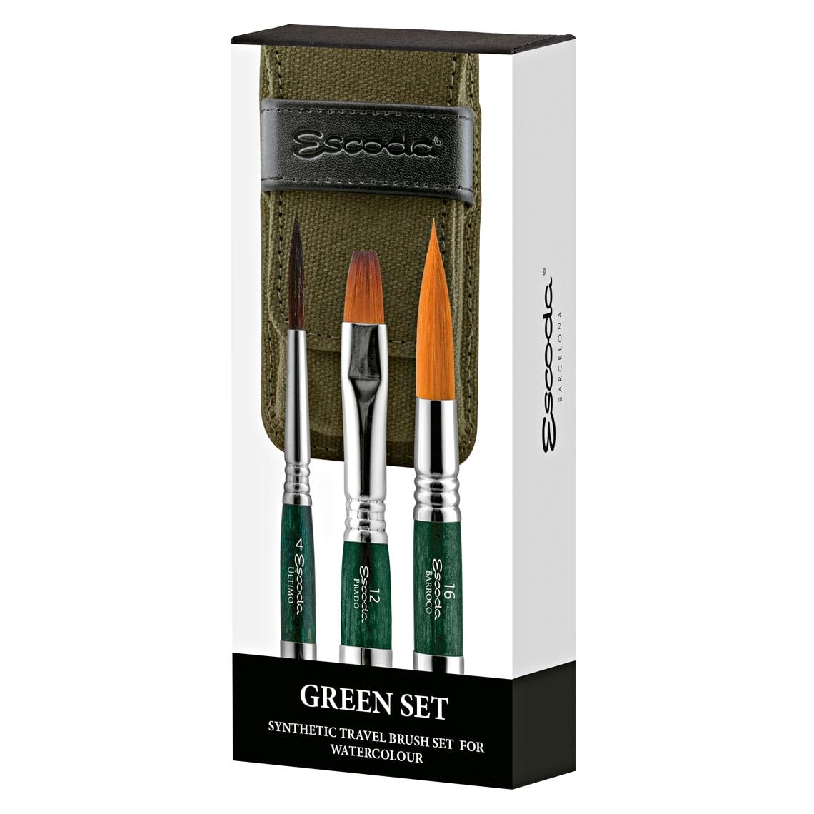 Escoda Green Set 3 Watercolor Brushes - Travel Set N.4,12,16 Round Pointed Long Tip Bright Synthetic Hair Ultimo Barroco Prado Series Canvas Case Professional Handmade In Barcelona.