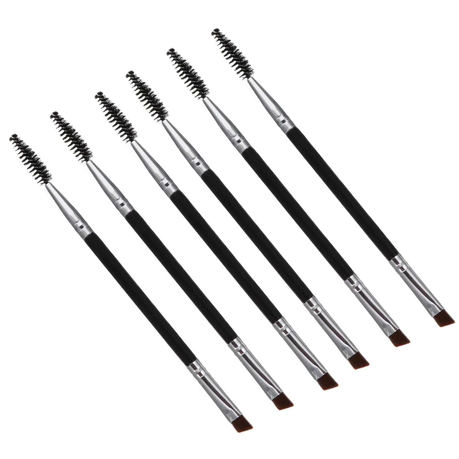 6pcs Double-ended Eyebrow and Lash Spoolie Brushes Black Set, Angled Brow Brush with Lash Curling Tool for Precise Makeup Application, Portable Eye Brow Grooming Kit for Daily Use