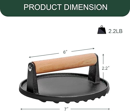 Miniatura 3 de Prensa de hamburguesa redonda de 7 pulgadas, prensa de hamburguesa para parrilla Blackstone, prensa de hierro fundido resistente con mango de