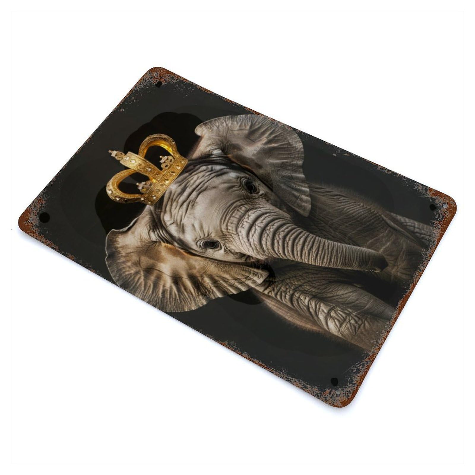 Elephant Cute King Vintage Wall Sign 11.8"x7.9", Rust Effect Metal Decor for Basement, Hobby Room And Garage Decor