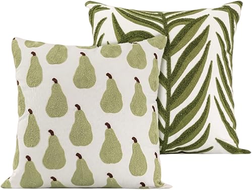 Lently Juego de 2 fundas de almohada bordadas de lino y algodón con cremallera para decoración del hogar, 18 x 18 pulgadas (juego de 2 peras + hojas