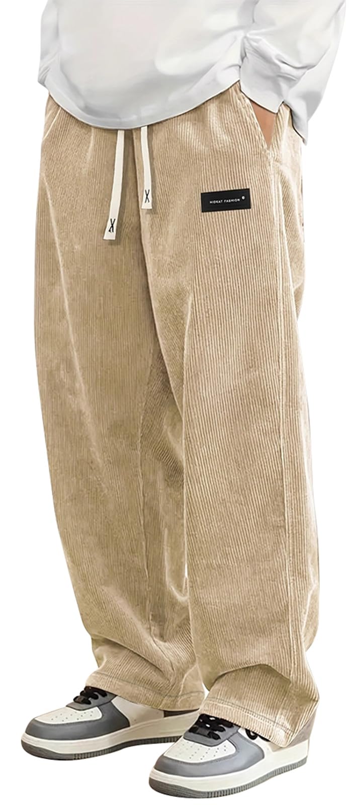 PADOLA Pantalon Velours Côtelé Homme Baggy Taille Elastique Pantalons Cargo avec Poches Décontracté Tricoté Pantalon de Travail Jambes Larges Ample Y2K Pantalons Jogging Sport