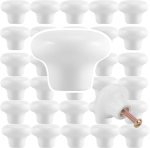 KINJOEK Paquete de 30 pomos de cerámica blanca, pomos y tiradores de porcelana vintage con tornillos de 0.98 pulgadas para armarios de cocina, baño,