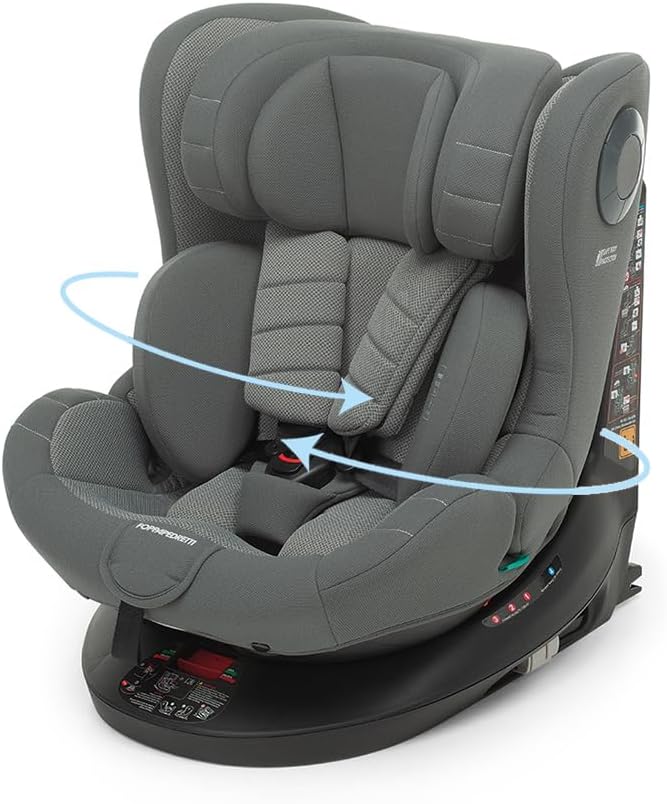 Foppapedretti FP360 Quick i-Size, Seduta Girevole a 360°, per bambini da 40 a 150 cm di altezza, 0-12 anni, conforme ECE R129, Fissaggio Dualfix (Isofix e non), Safe Body Protection, Grey