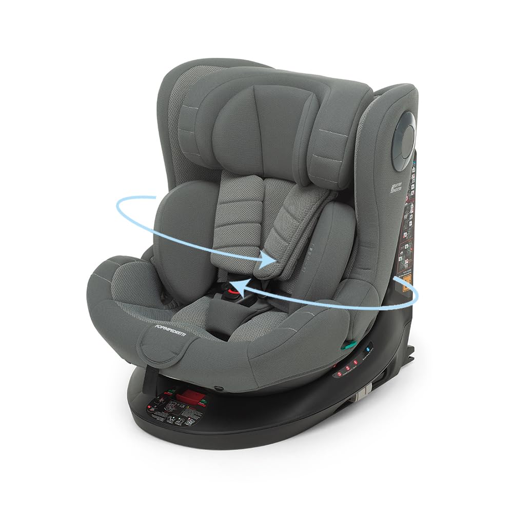 Foppapedretti FP360 Quick i-Size, Seduta Girevole a 360°, per bambini da 40 a 150 cm di altezza, 0-12 anni, conforme ECE R129, Fissaggio Dualfix (Isofix e non), Safe Body Protection, Grey
