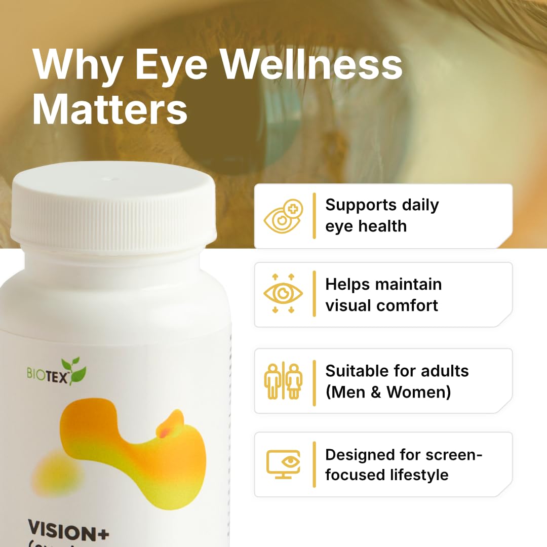 Biotex Vision+ | Marigold Extract with Lutein & Zeaxanthin | Ayurvedic Eye Wellness Capsules | For Screen Users & Adults | 500mg | 60 Veg Capsules | Gluten-Free | Soy-Free — Amazon image 2