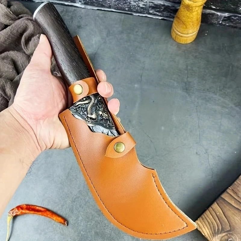 Meat Cleaver Knife, 6.6 Inch Hand Forged Boning Knife Dragon Head Shaped Wooden Handle Meat Cleaver Butcher's Meat With Sheath