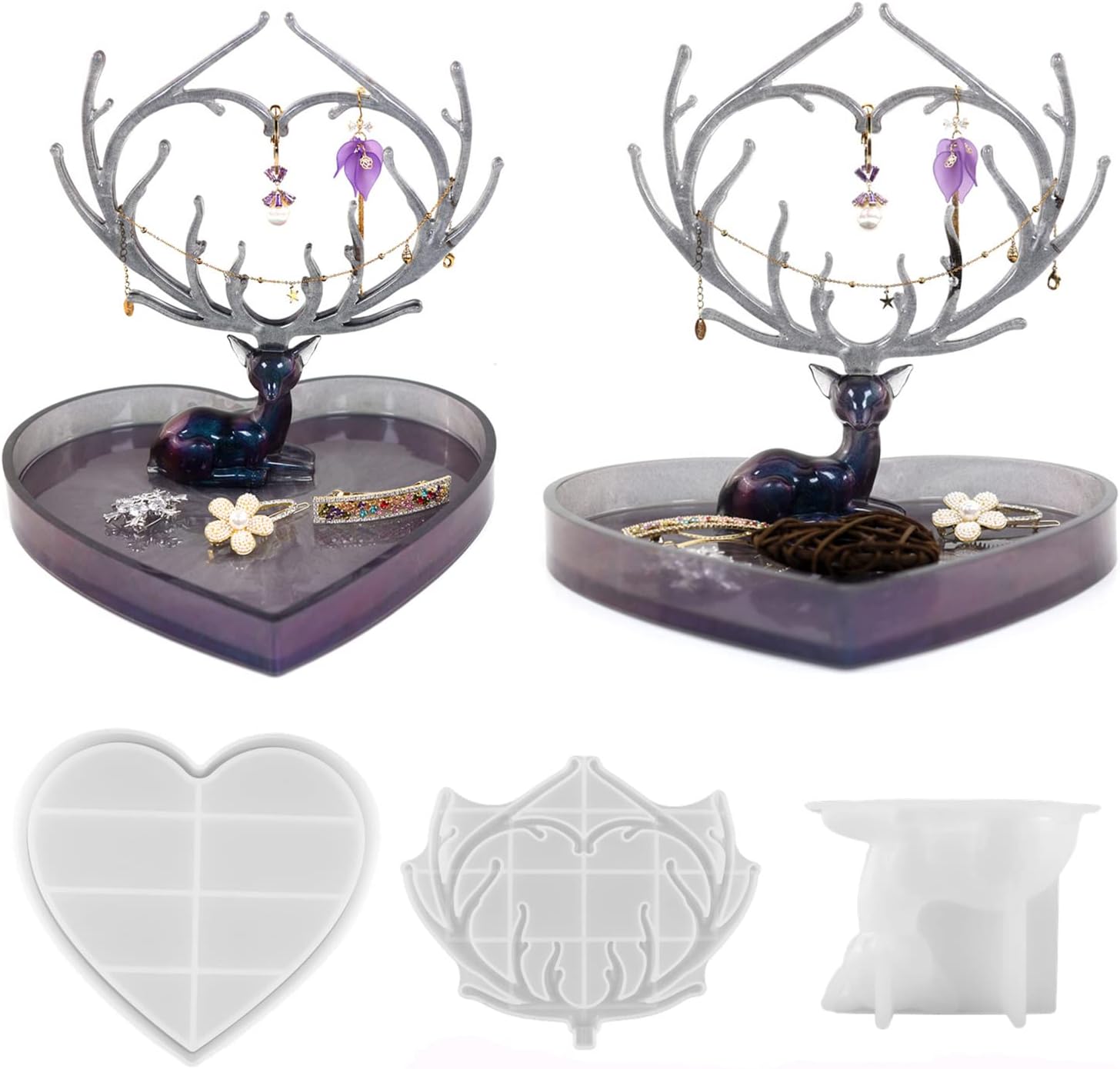 Deer Shape Silicone Molds for Resin, Jewelry Organizer Molds and Heart Tray Mold for DIY Crafts Accessories Holder Hanger Rack for Earrings Necklaces Bracelets Rings Storage Home Decor (3pcs)