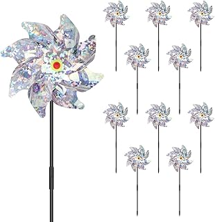 Bird Repellent Pinwheels 10 Pack, CoiTek Reflective Pin Wheel for Garden Bird Repellent Sparkly Silver Pinwheels Bird Blin...