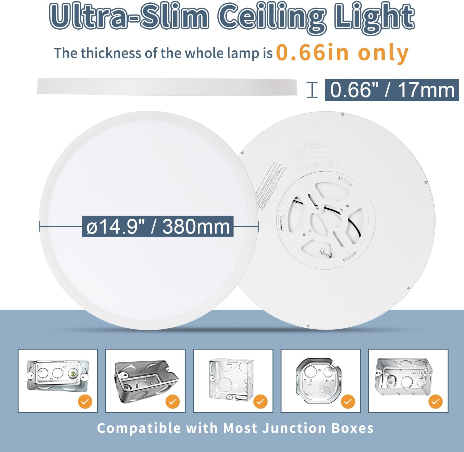 14.9 Inch 2PK LED Flush Mount Ceiling Light, ETL ,32W, 3343LM, 3000K/3500K/4000K/5000K/6500K CCT Selectable, 0.66in Ultra Thin Round Flat Panel Ceiling Light Fixture for Bedroom, Kitchen (White)