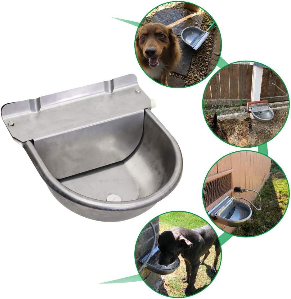 Stainless Steel Automatic Dog Waterer Bowl with Float Valve and 1M Hose(one end 3/4''), Livestock Waterer for Dog Goat Cattle (with Drainage Hole)