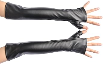 NAVADEAL Black PU Faux Leather Long Arm Warmer Dress Up Fingerless Gloves Halloween Costume Party Cosplay