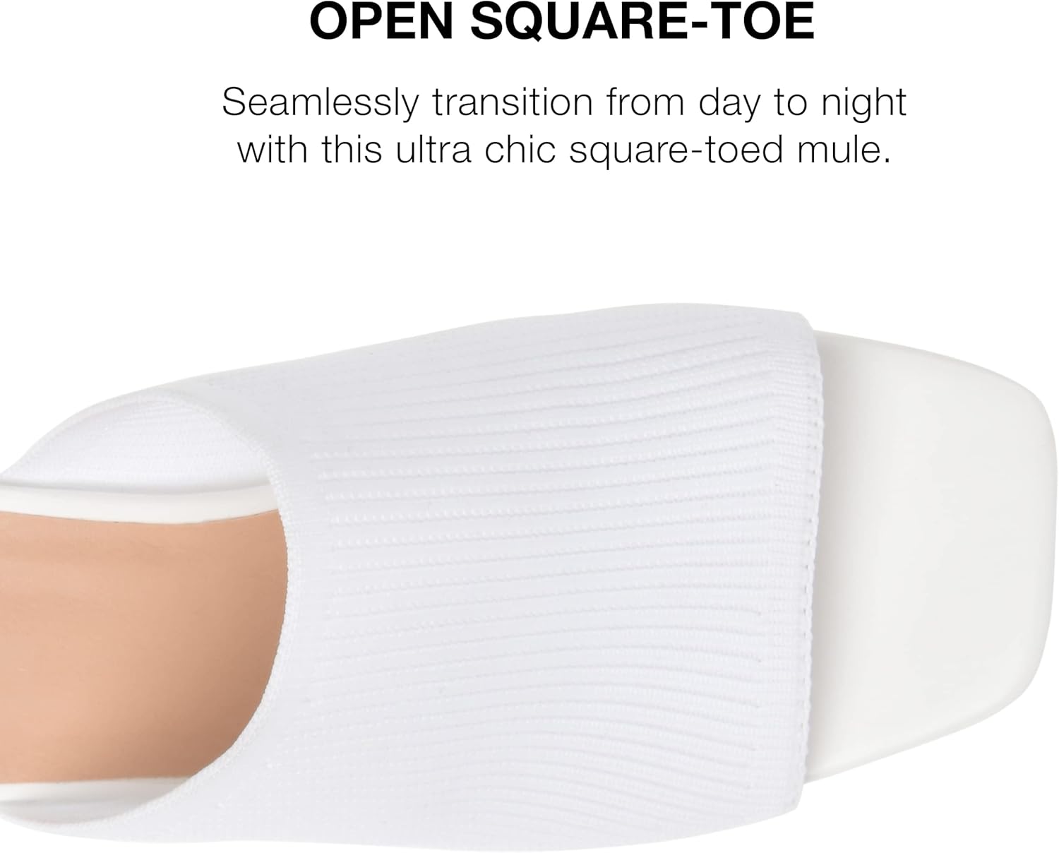 Journee Square Open Toe Chunky Block Heel Knit Slip-On Pump for Women - Lorenna Heeled Fashion Mule White, 6.5 Wide