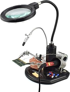 MMOBIEL LED Light Helping Hand Magnifier Station for Soldering, Assembly, Repair,Modeling, Hobbies and Crafts - 2.5X /4X LED Light - Hands-Free Magnifying Glass Stand - Incl. Clamp and Alligator Clips