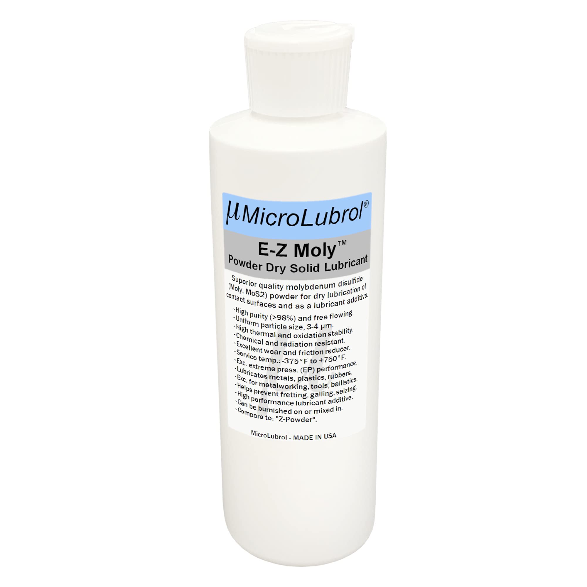 MicroLubrol E-Z Moly Powder Dry Lubricant, 2 oz (57 gm), 100% Molybdenum Disulfide, MIL-M-7866, Made in USA, Compare to Z Powder