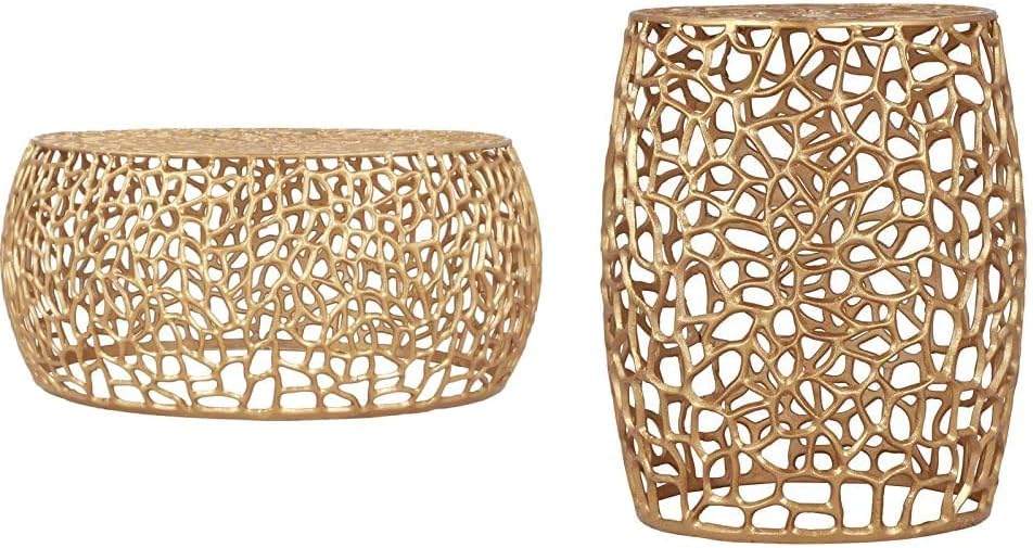 Meridian Furniture Priya Collection Modern | Contemporary Solid Aluminum Round Coffee Table and End Table with Intricate Design, Gold