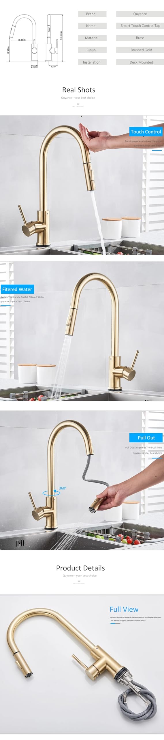 Grifo de cocina moderno con sensor táctil dorado cepillado con control táctil inteligente sensible