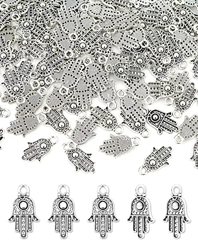 JIALEEY 100PCS Antique Silver Hamsa Hand of Fatima Symbol Charms Hamsa Hand Beads Frame Charms for Jewelry Making Findings DIY Necklace Bracelet