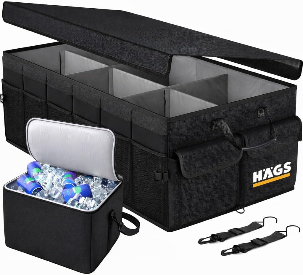 HAEGS Araç Bagaj Düzenleyici, Soğutucu Çantalı Bagaj Organizer Sağlam Katlanabilir, Otomobil ve SUV`lar için, Cepli, 3 Ana Bölmeli, 100L: 90x40x28 cm - Siyah